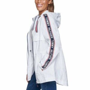 Tommy Hilfiger White Logo Hooded Long Cinched Windbreaker Jacket L